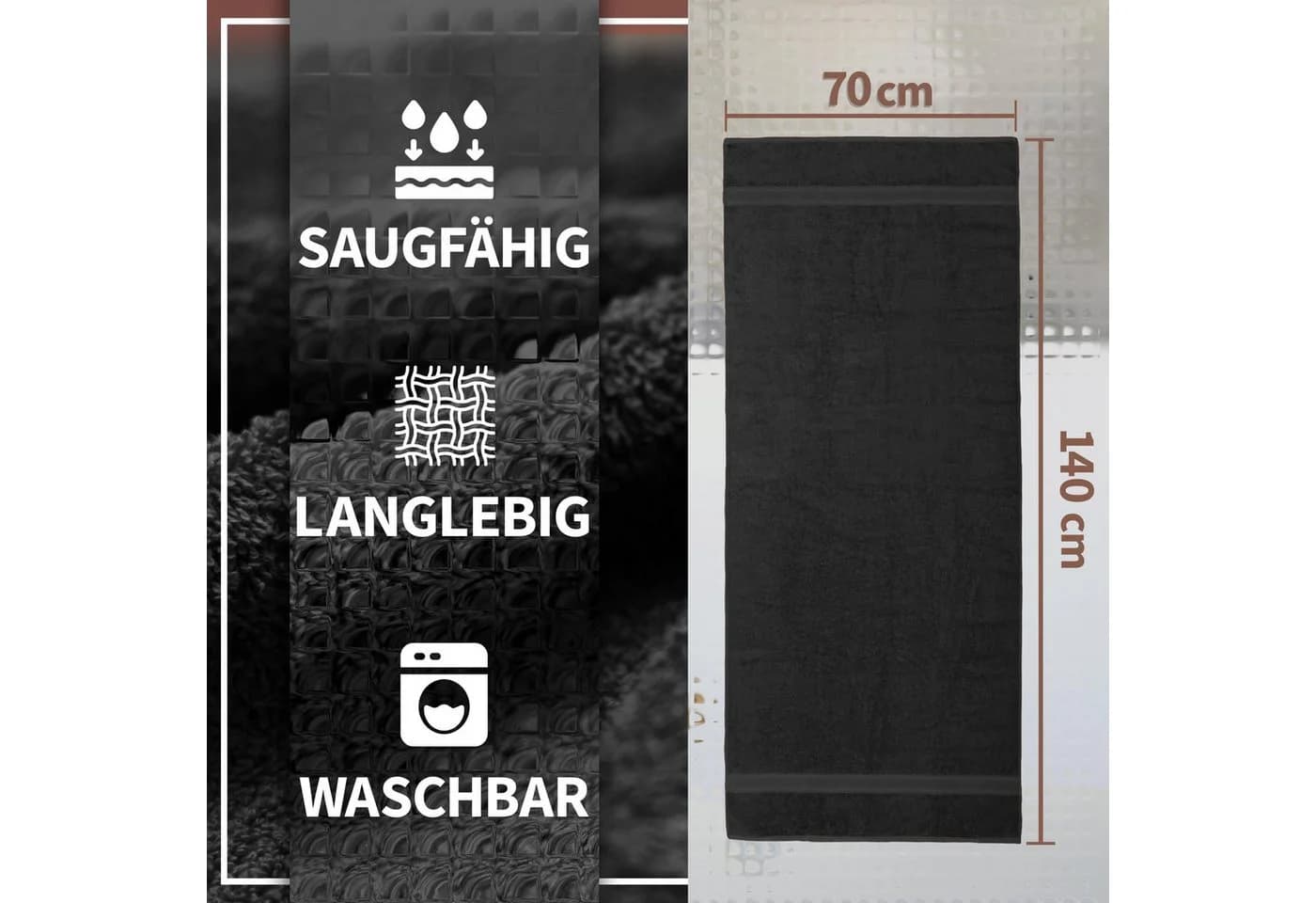 NatureMark Duschtuch 2er-Set Schwarz 100% Baumwolle
