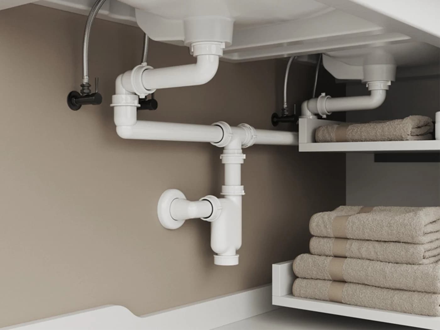 Aqua Bagno Siphon Raumsparsiphon für Doppelwaschbecken, G1 1/4" 40mm, flexibel, Geruchsverschluss, 11-tlg., universell einsetzbar, mit Reinigungöffnung