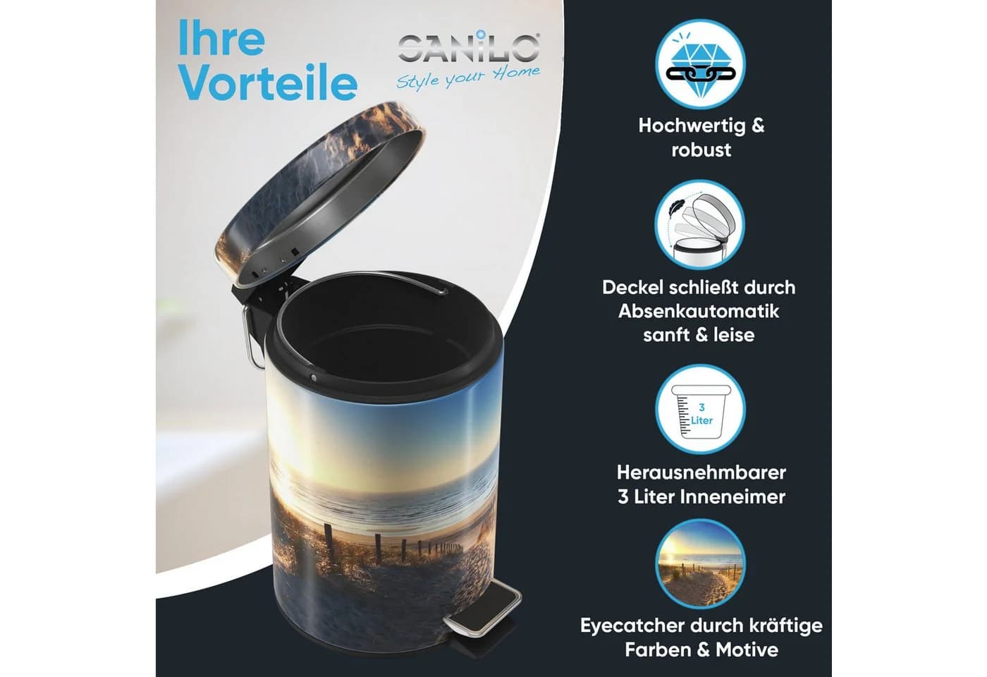 SANILO Kosmetikeimer mit Motiv 3L Absenkautomatik Fußpedal blau