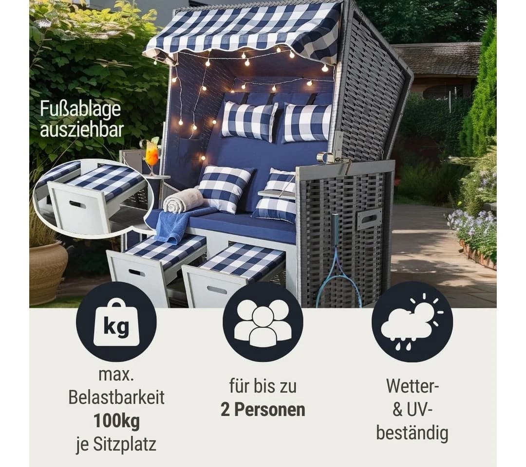 Wohnando Strandkorb "Anker" Blau mit LED-Beleuchtung & Fußstützen