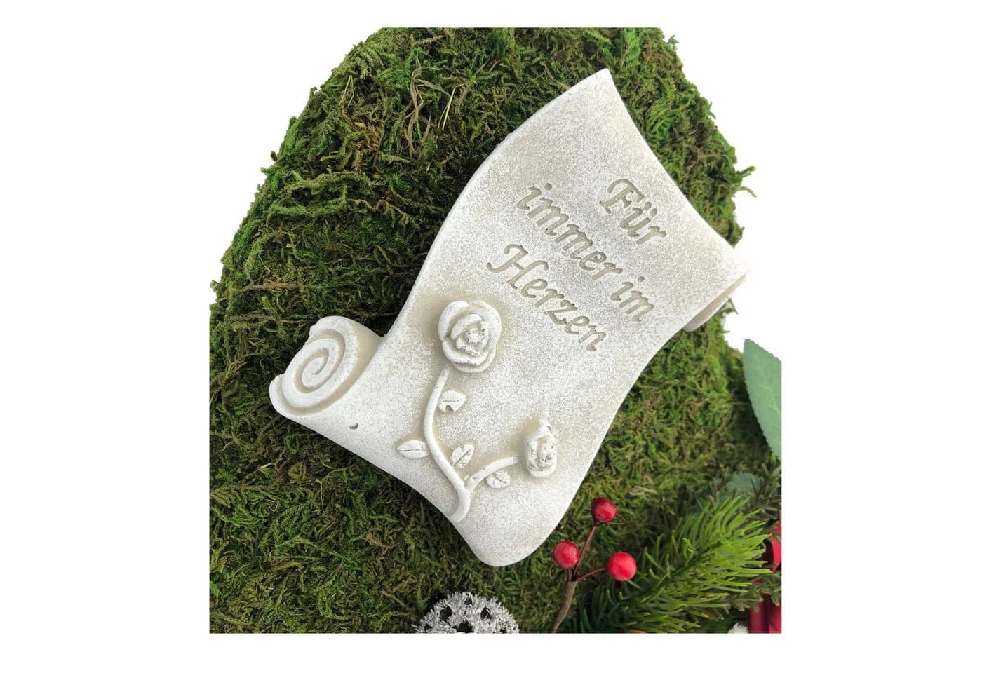 Radami Grabgesteck Moosherz mit 3 Roten Rosen - Handarbeit