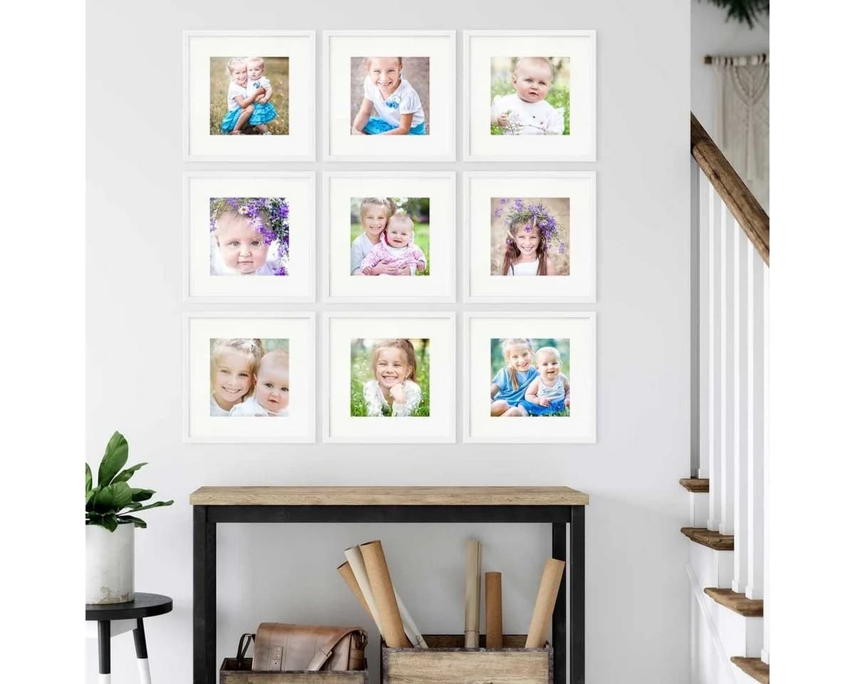 PHOTOLINI 9er Set Bilderrahmen Weiß MDF 30x30 cm mit Passepartout