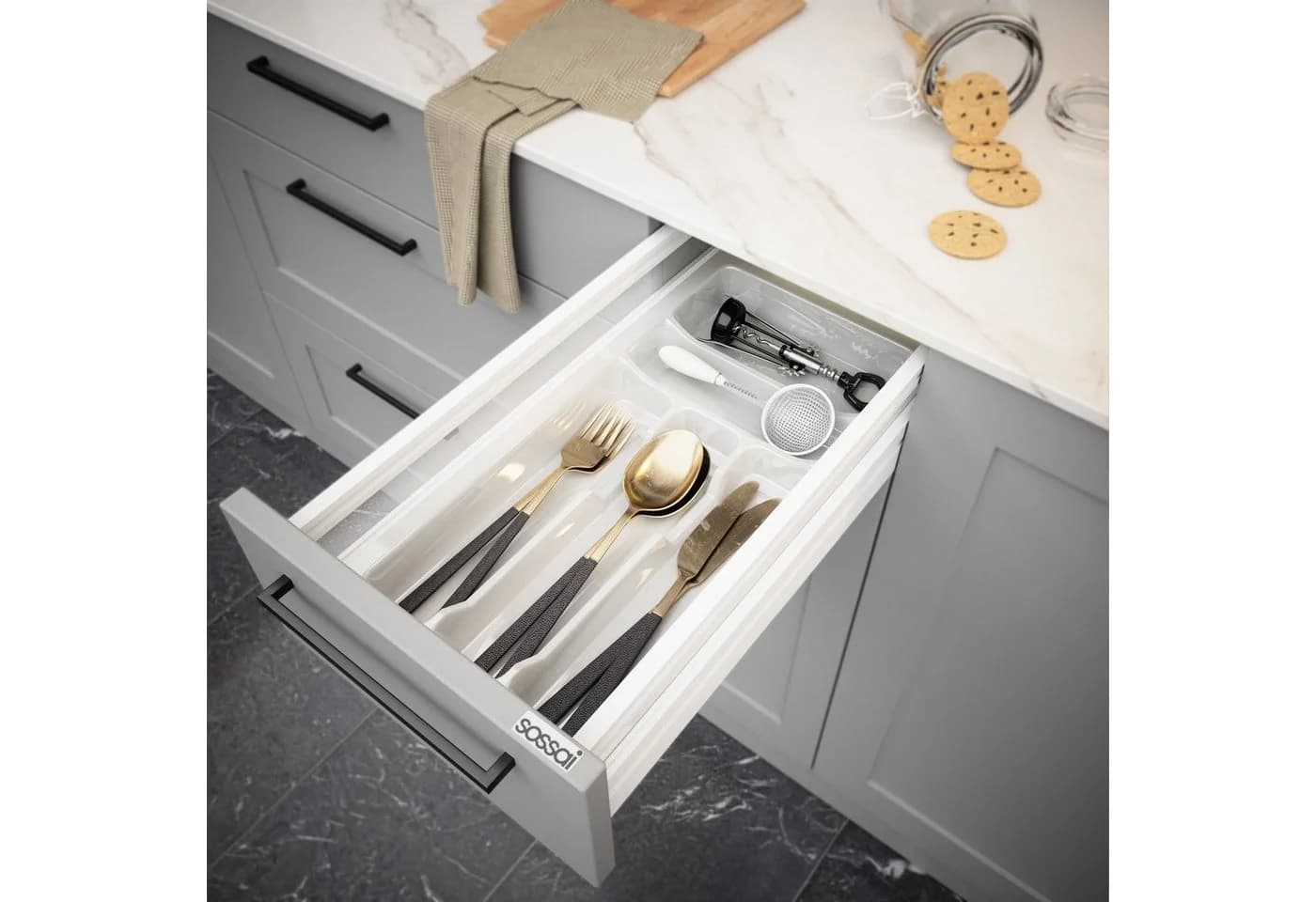 Sossai® Besteckeinsatz Besteckkasten für Schubladen 30-90cm in Weiß, 23x49cm, 5 Fächer