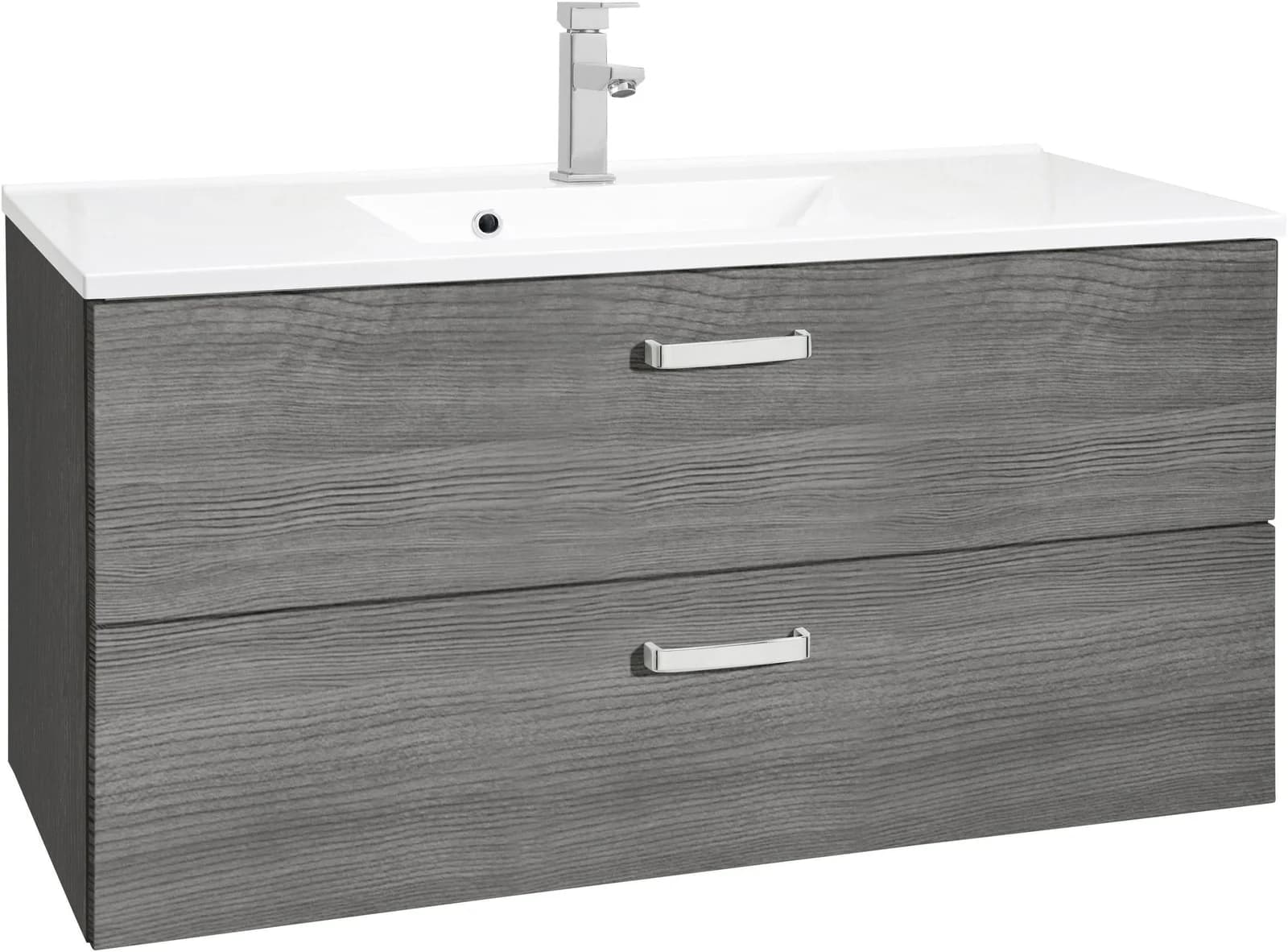 WELLTIME Waschbeckenunterschrank Ravenna Grau Eiche Silber Soft-Close