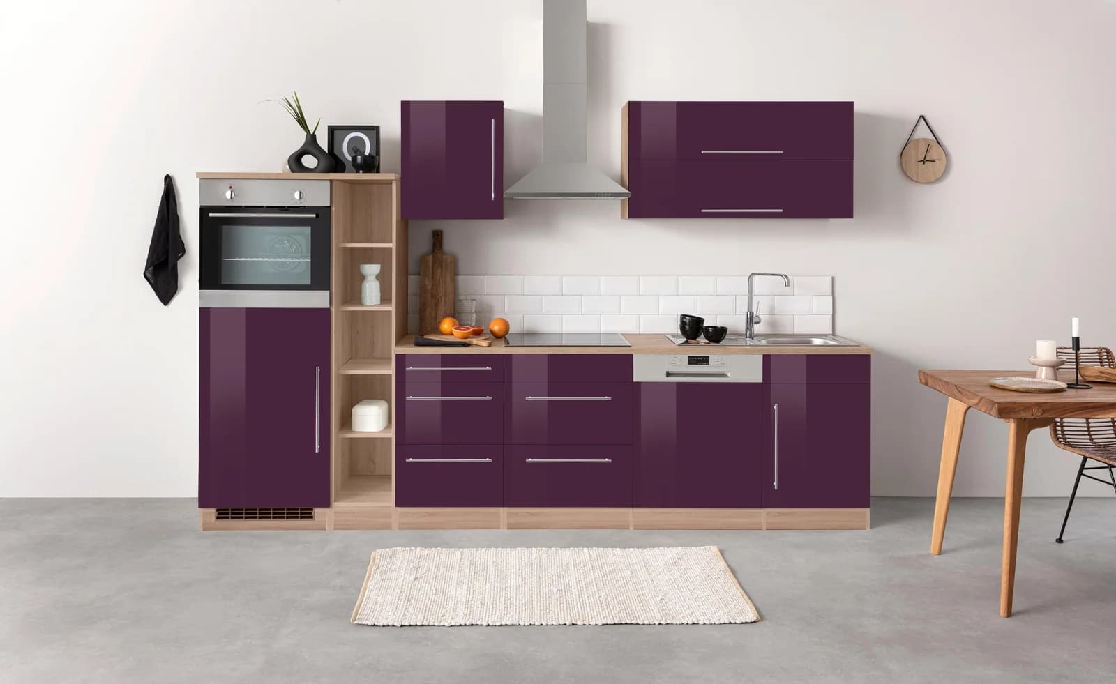 Küchenzeile KS-Samos Lila Aubergine Hochglanz Eiche Sonoma mit E-Geräten