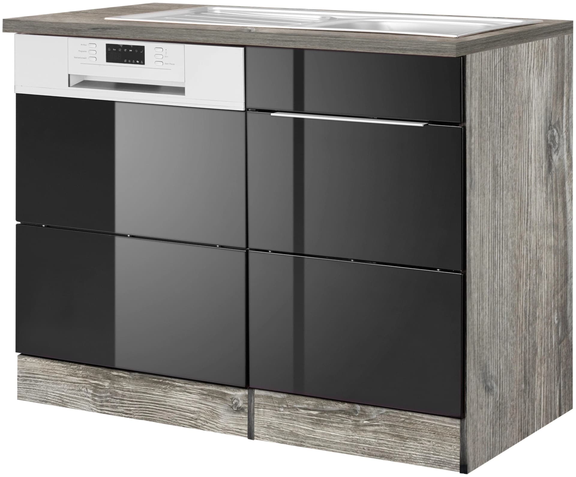 Spülenschrank KS-Brindisi Schwarz Hochglanz Eiche Vintage