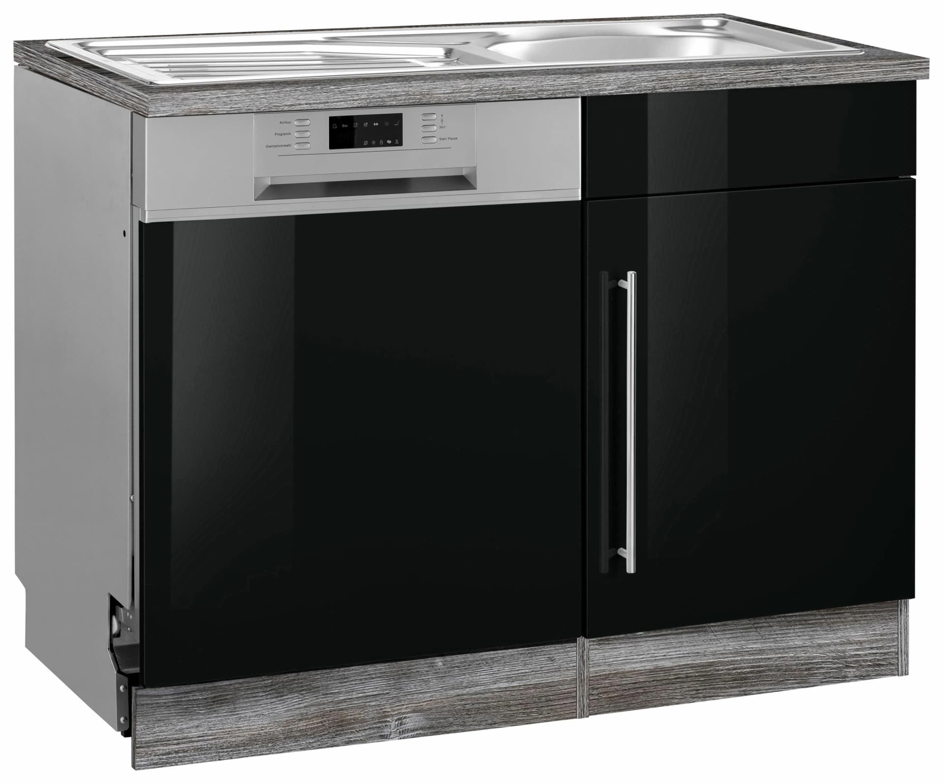 Spülenschrank KS-Samos Schwarz Hochglanz Eiche Vintage mit Spüle