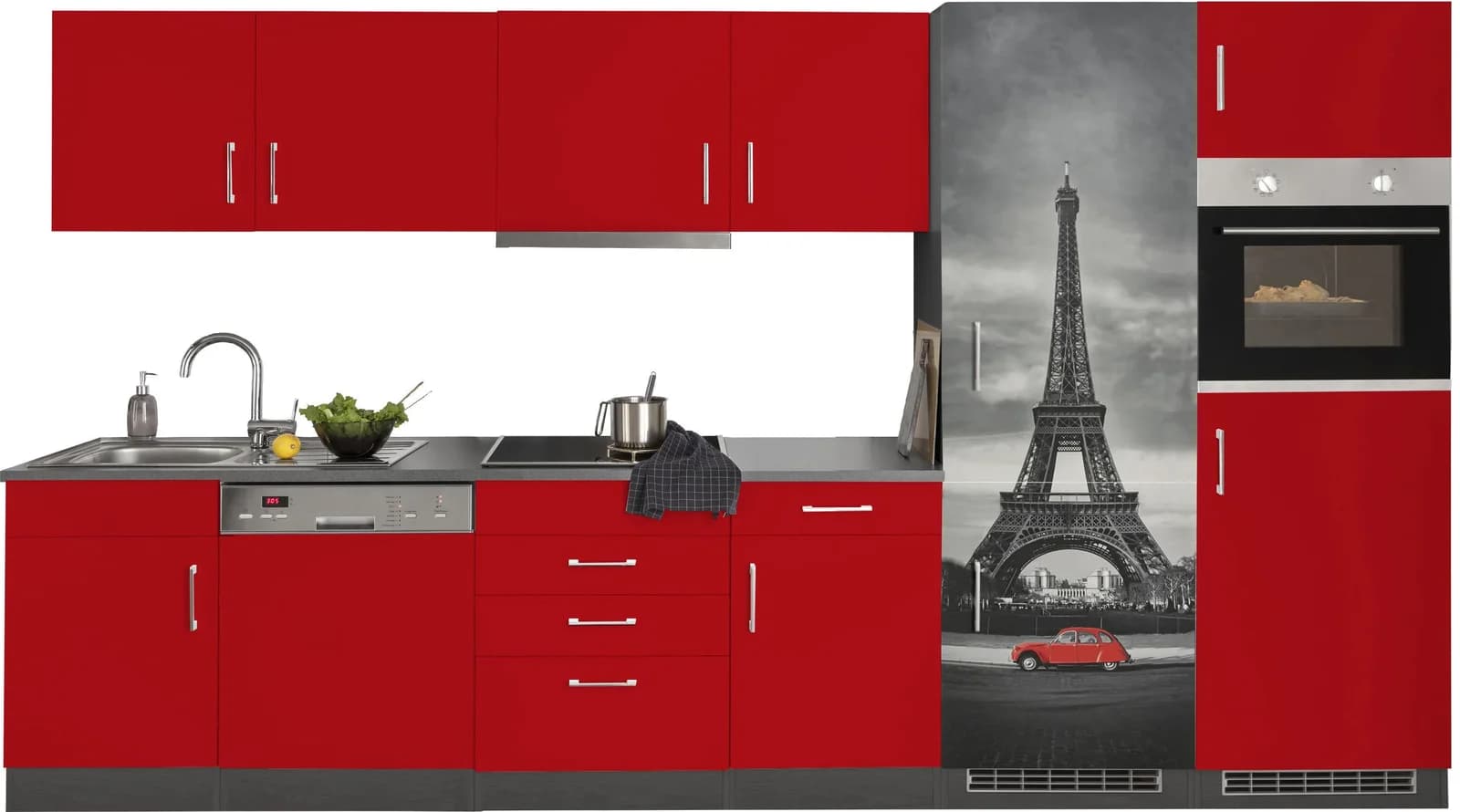 Küchenzeile Paris Rot mit Fotomotiv und E-Geräten