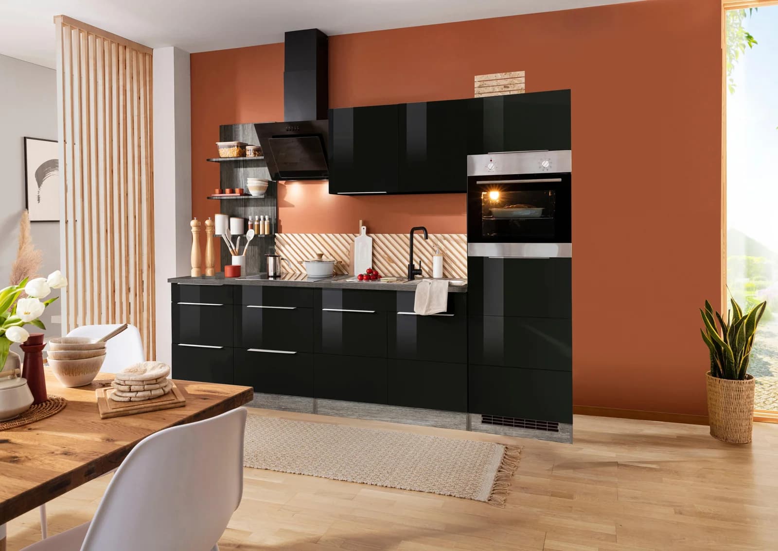 KOCHSTATION KS-Brindisi Küchenzeile 270cm Schwarz Hochglanz mit E-Geräten