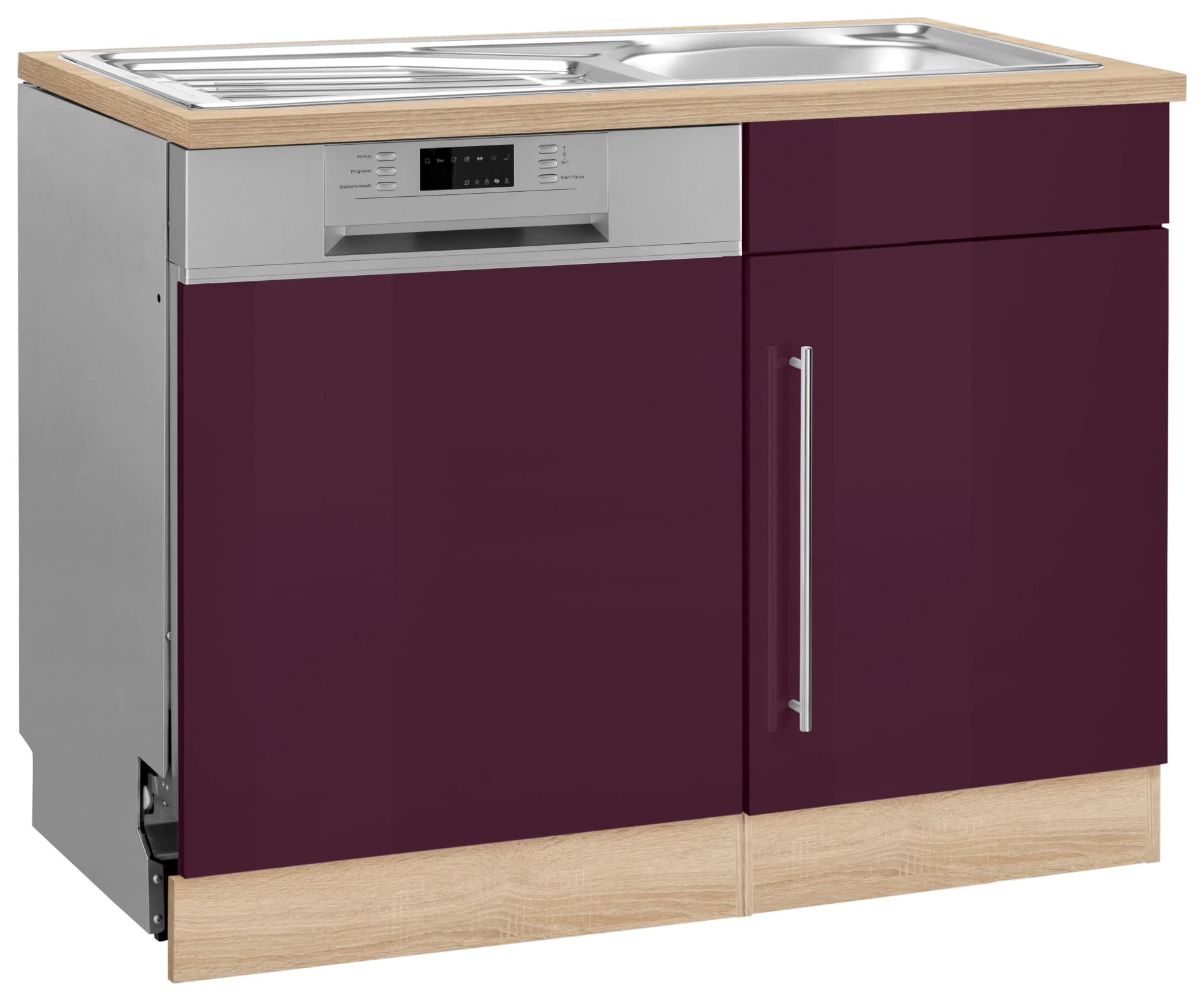 KOCHSTATION Spülenschrank KS-Samos 110cm Aubergine Hochglanz Eiche Sonoma