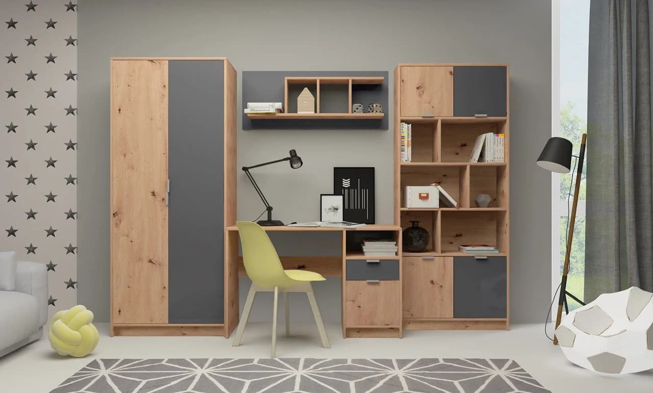 BEGABINO Jugendzimmer-Set Karla Grau Eiche Kleiderschrank Schreibtisch