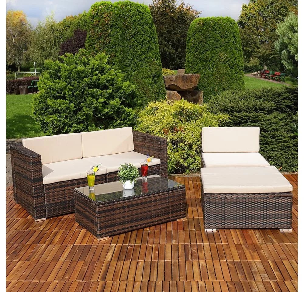 Melko Gartenlounge-Set 5-tlg. Polyrattan Sitzgruppe mit Glas