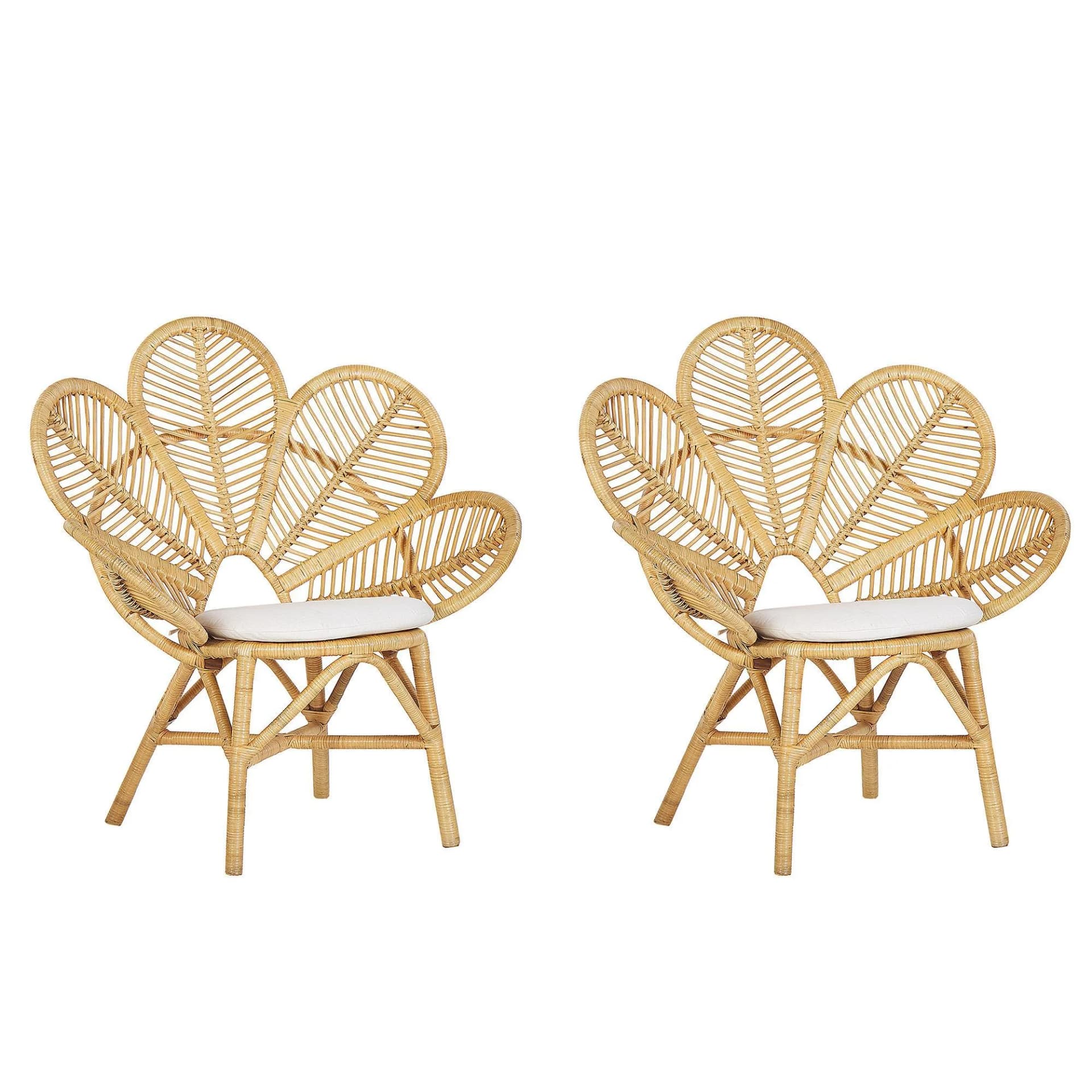 Beliani RATTANSTUHL 2er-Set natürlich Auflage beige Pfauform Florentine