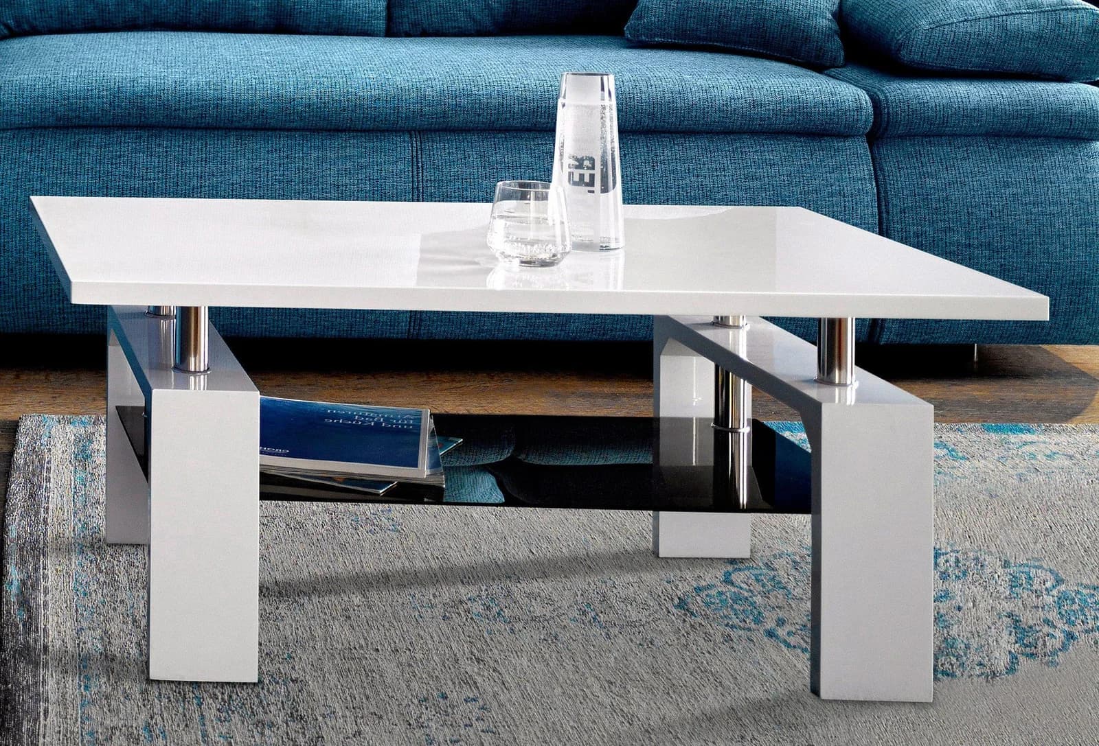 PAROLI Couchtisch weiß Hochglanz mit Glas-Ablage