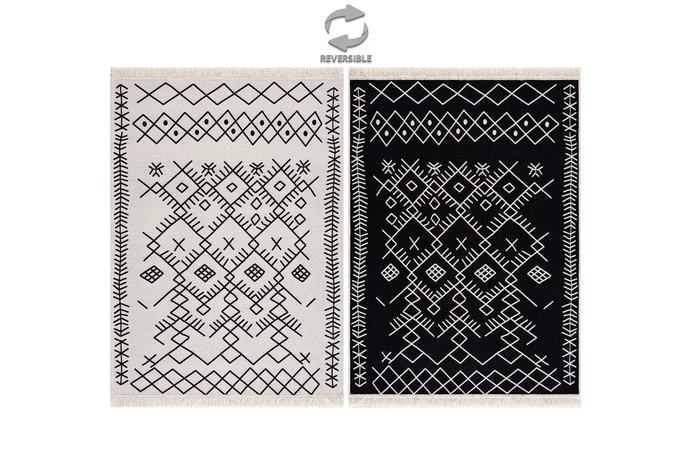 Jimri Wendeteppich Kelim Schwarz-Weiß Boho-Kilim Muster Baumwolle