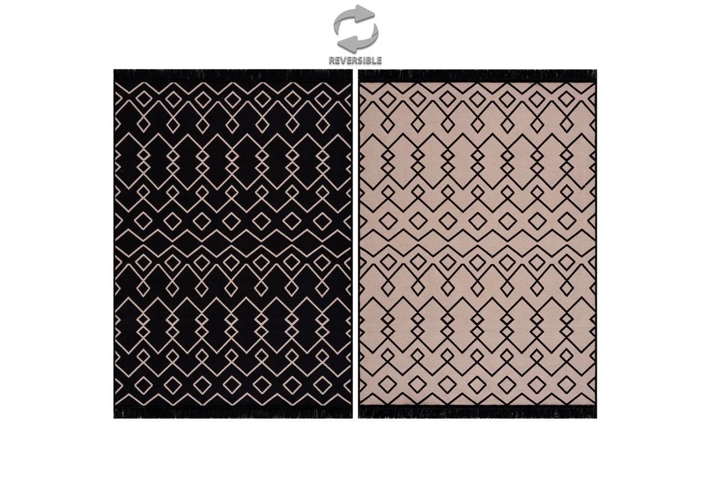 Jimri Teppich Kelim Wendeteppich Schwarz-Beige Boho-Kilim