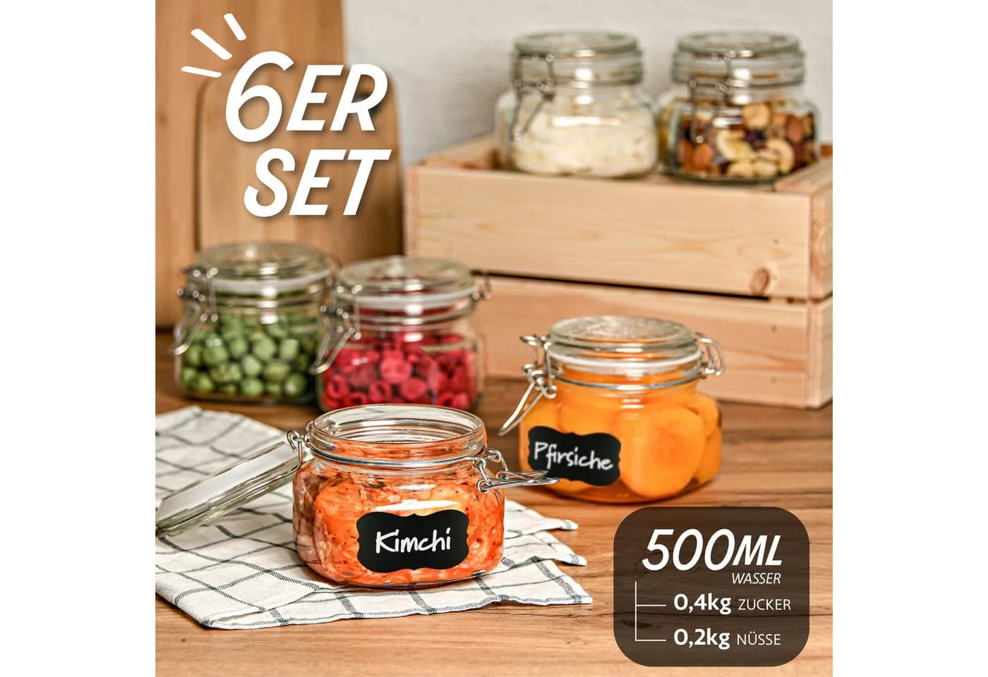 Praknu Vorratsglas Set 6-tlg. 500ml Glas mit Bügelverschluss