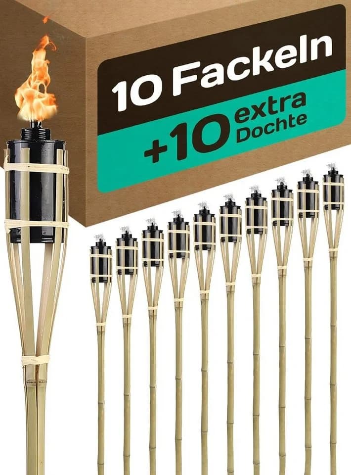 Praknu Gartenfackeln 10er Set Bambus Holz 90cm Braun