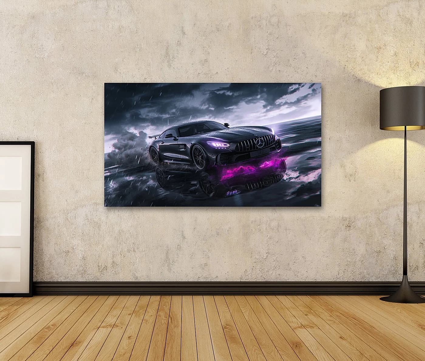 Islandburner Leinwandbild Mercedes im Gewitter mit lila Neonlicht