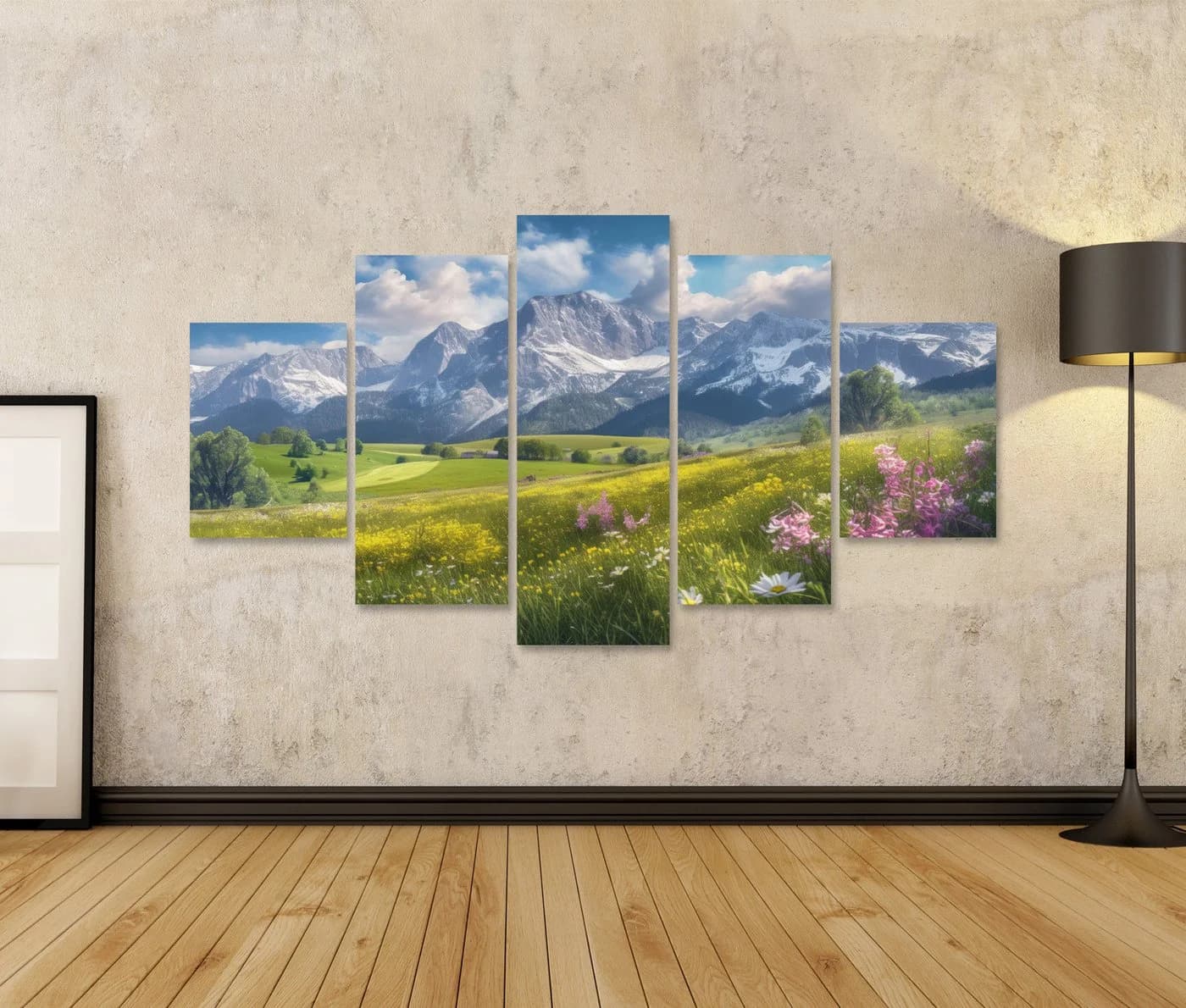 islandburner Leinwandbild Alpenwiese im Frühling mit Bergpanorama 5-teilig
