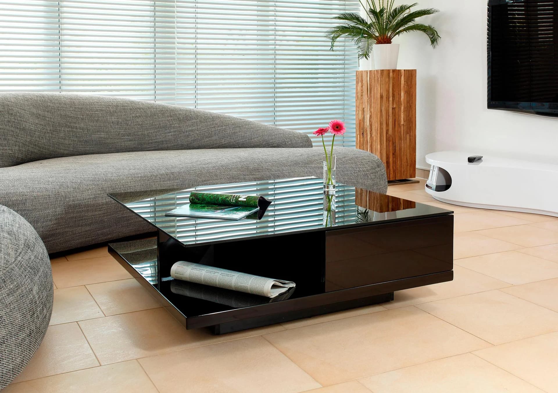Salesfever Couchtisch Schwarz Hochglanz mit Glasplatte und Stauraum