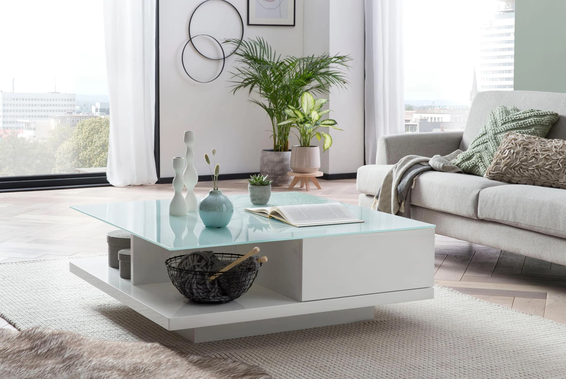 SalesFever Couchtisch Weiß Hochglanz Glasplatte Modern