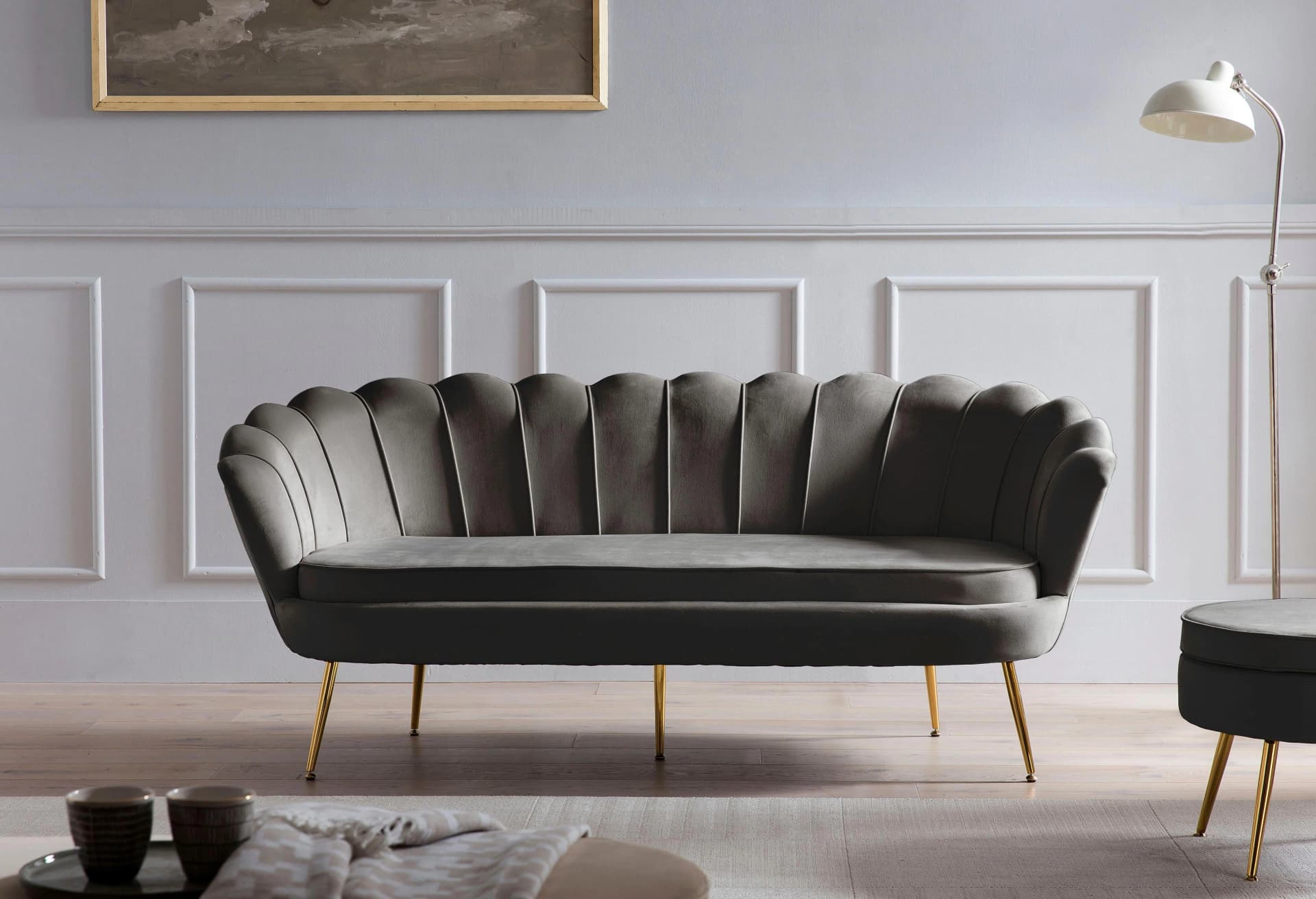 SALESFEVER Clam Komfortsofa Schwarz Samtvelours 3-Sitzer