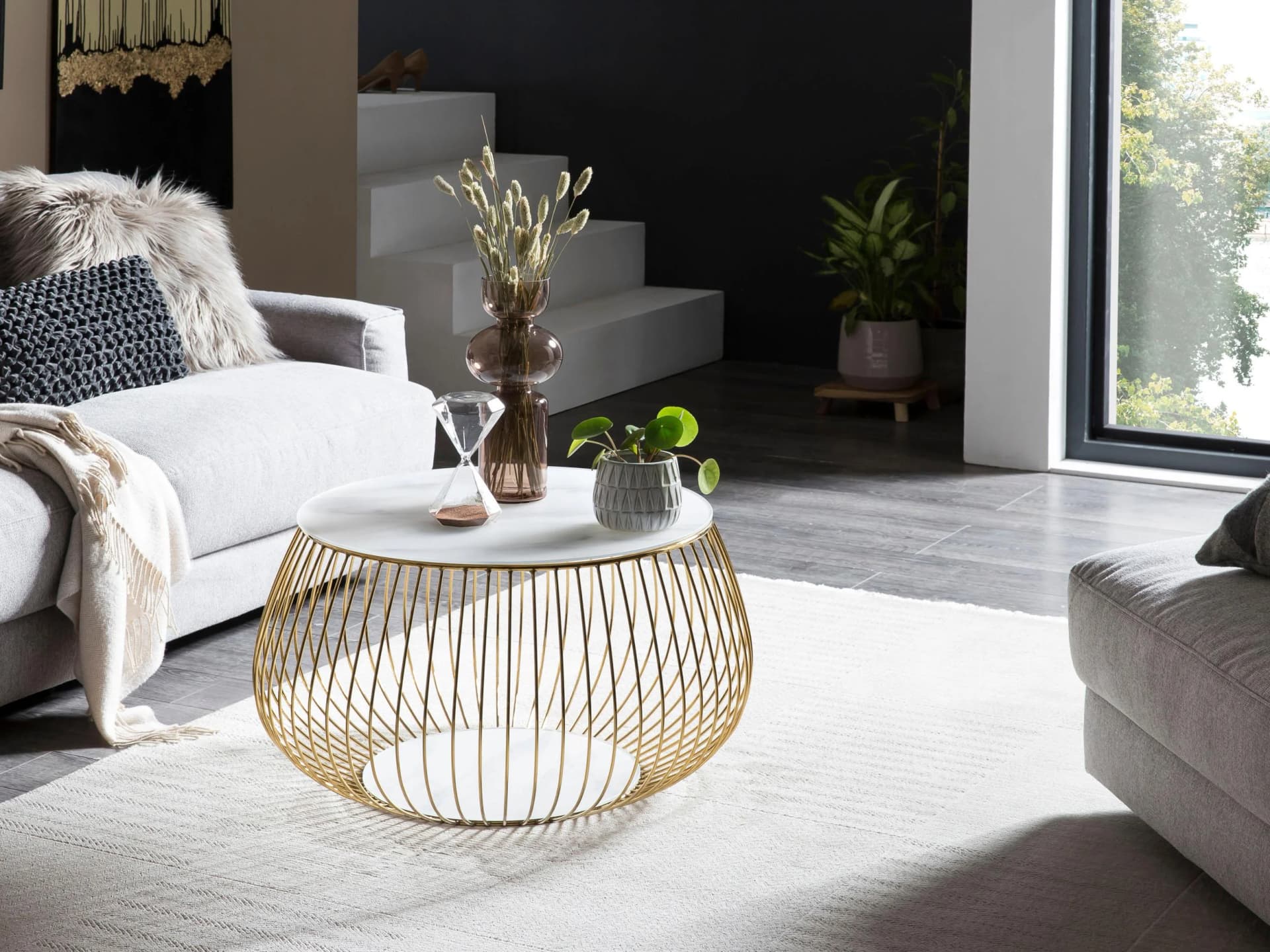 Salesfever Couchtisch Weiß Gold Glas Metall Rund