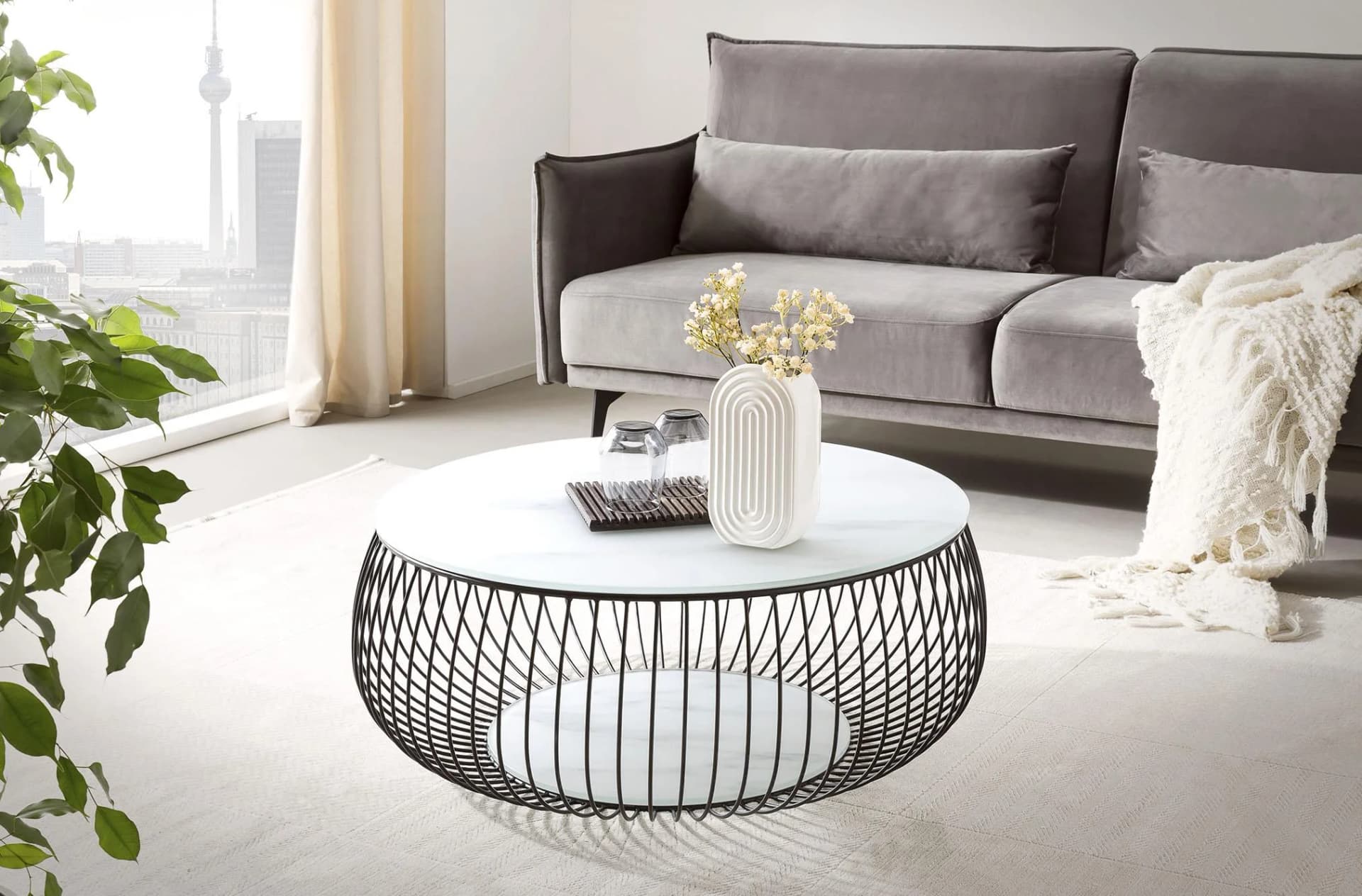 Salesfever Couchtisch Schwarz Weiß Glas Metall Minimalistisch