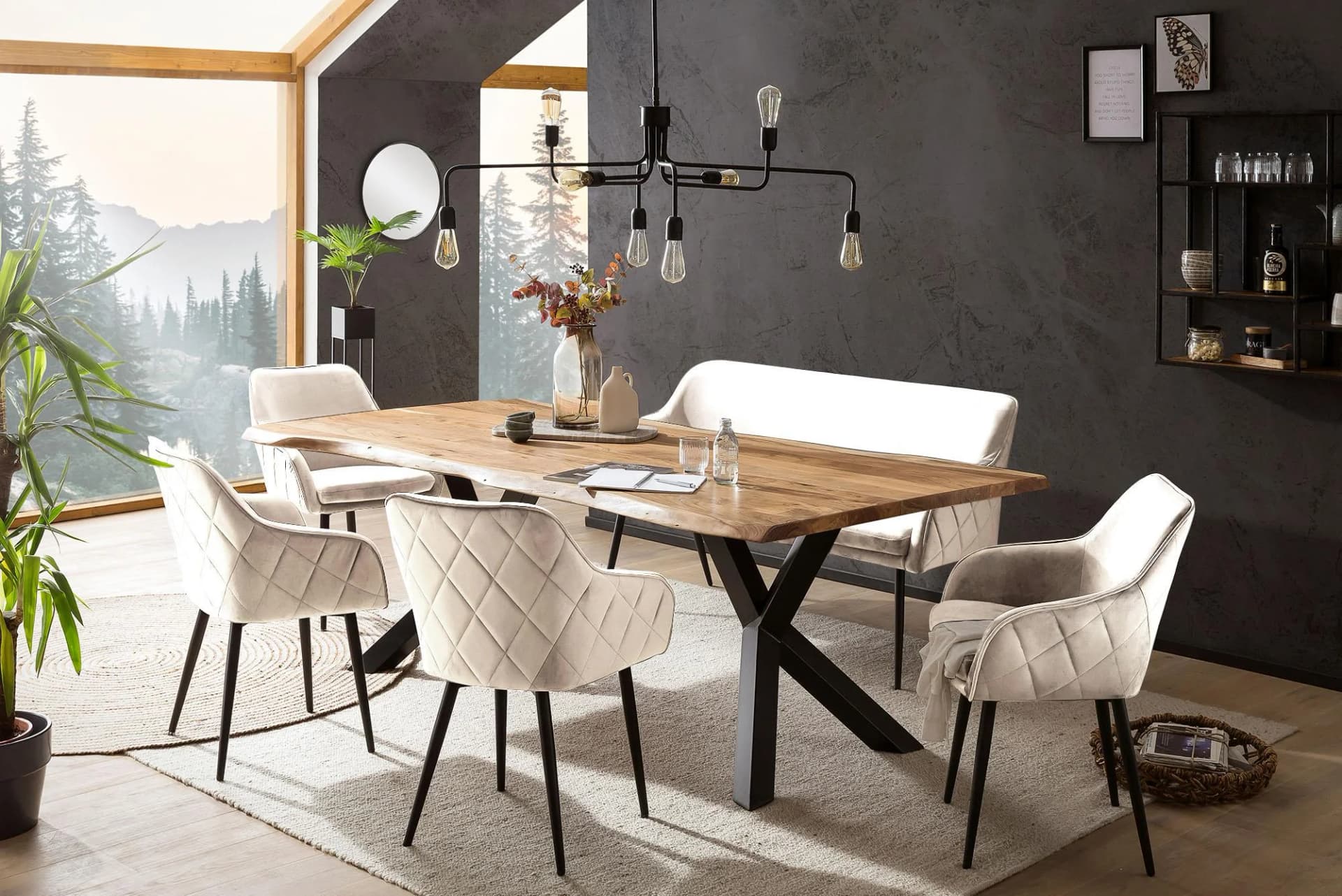 Salesfever Eckbankgruppe Landhausstil 6-tlg. Beige/Schwarz Massivholz