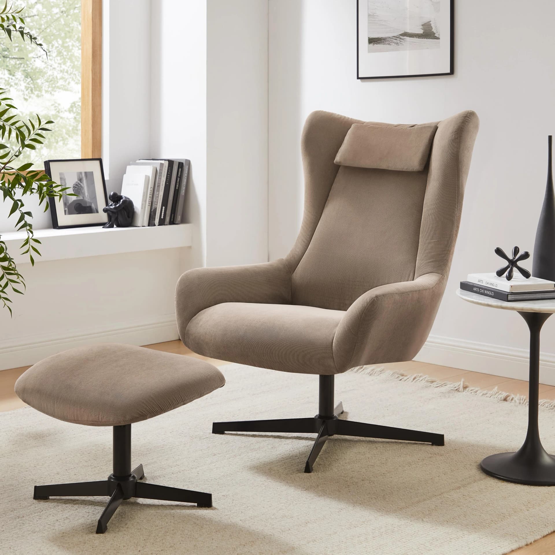 Salesfever Savannah Sessel mit Hocker Braun Schwarz Drehfunktion