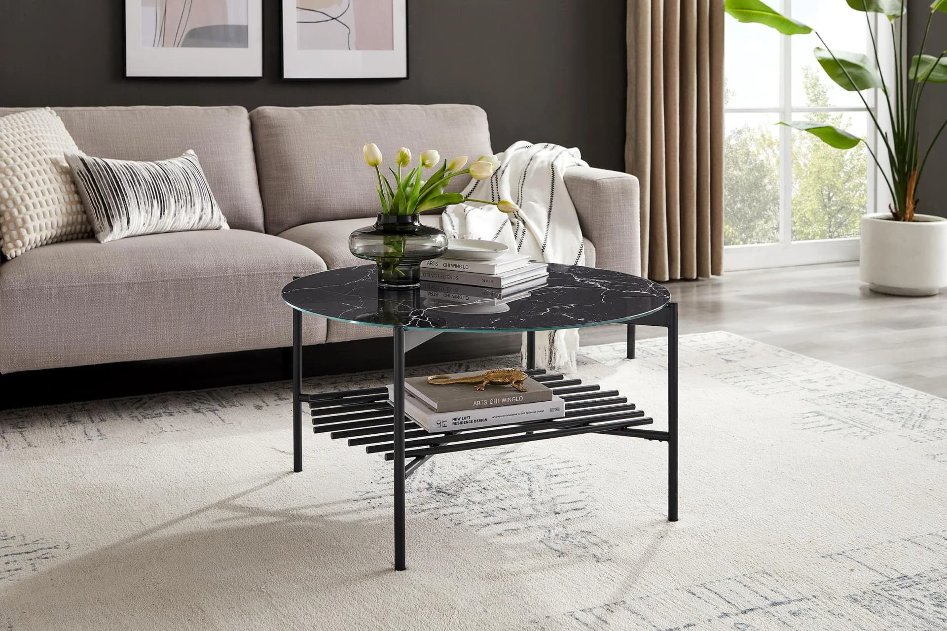Couchtisch SALESFEVER 'Coffeetable Wohnzimmertisch im minimalistischen Stil' Schwarz Glasplatte in Marmoroptik