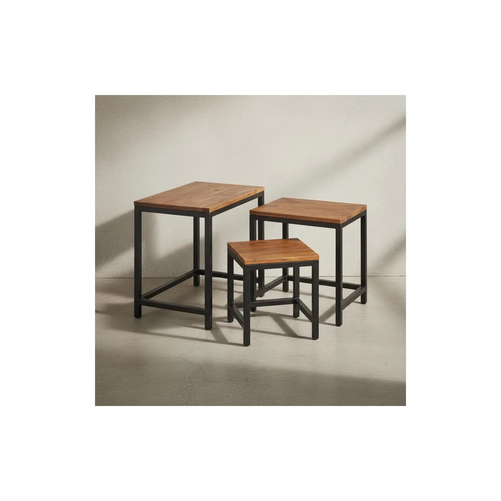 KADIMA DESIGN 3er Set Beistelltische Sheesham Massivholz Metall