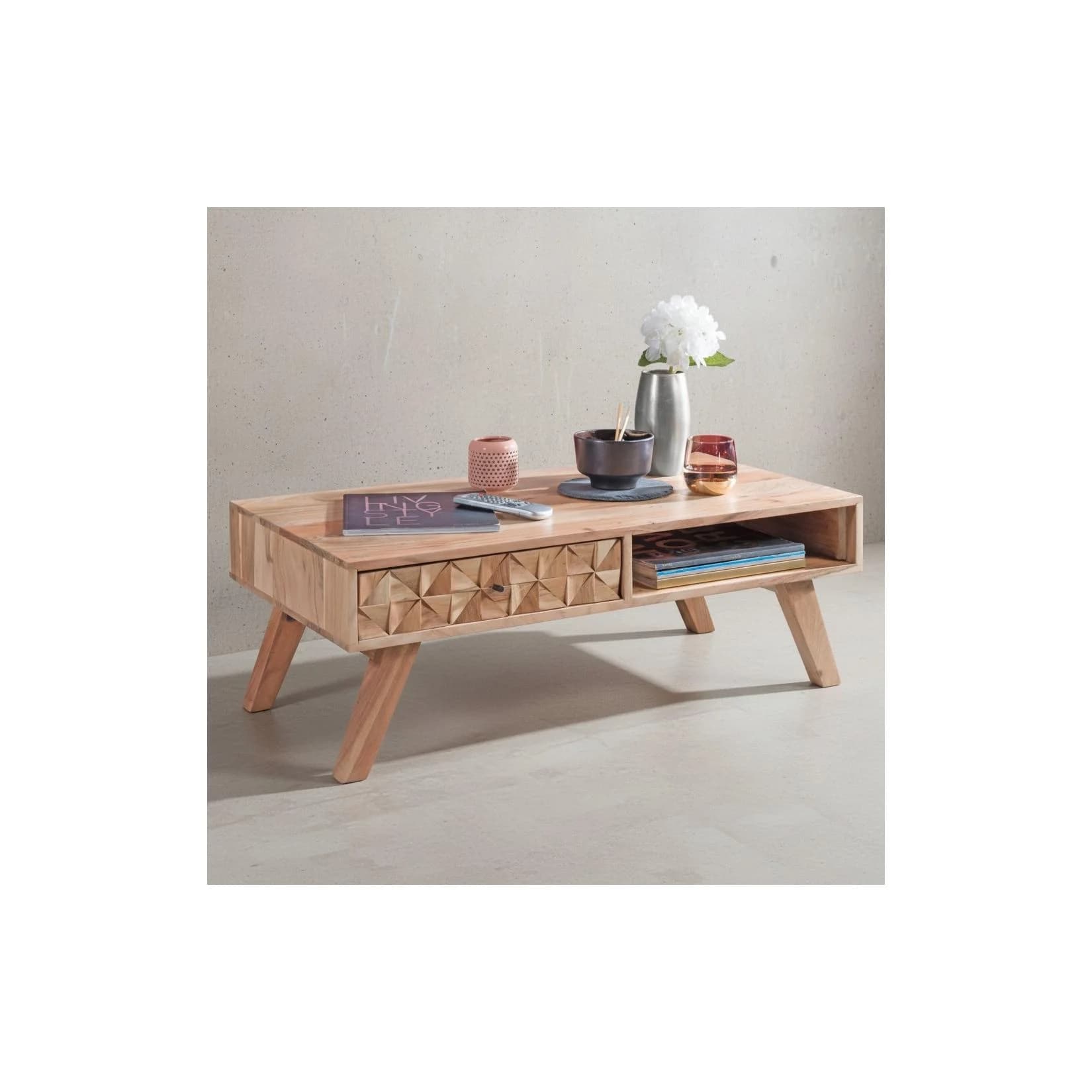 KADIMA DESIGN Couchtisch Massivholz Akazie mit Schublade