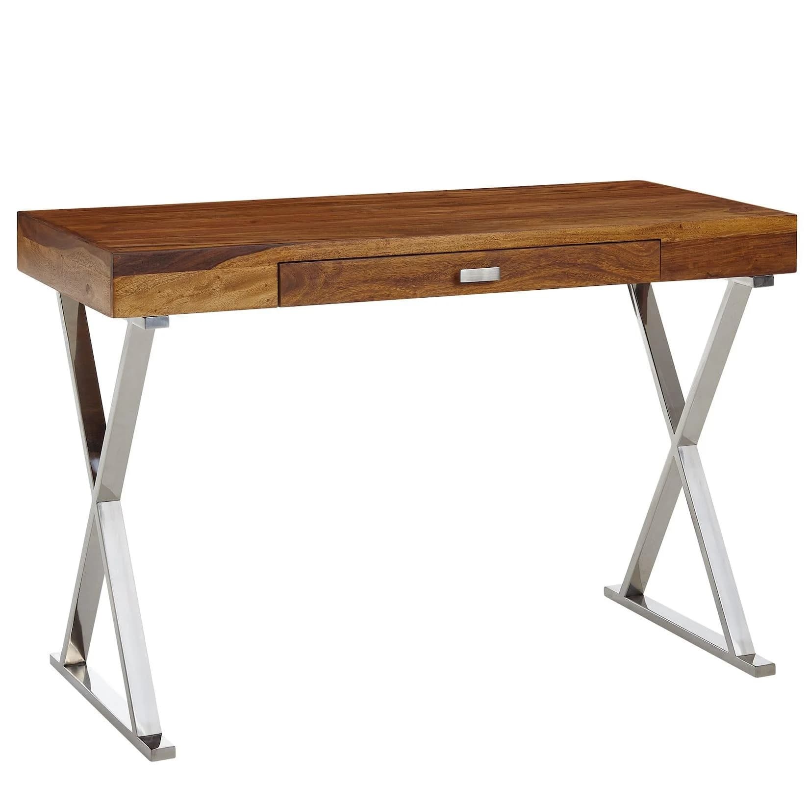 KADIMA DESIGN Massiver Sheesham-Schreibtisch mit X-förmigem Metallgestell