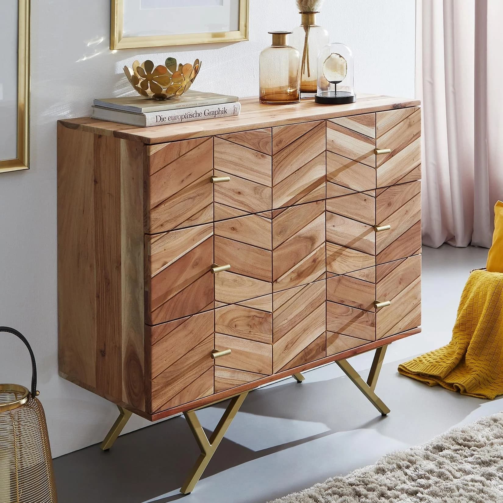 Massivholz Kommode 90cm Akazie Natur mit Schubladen