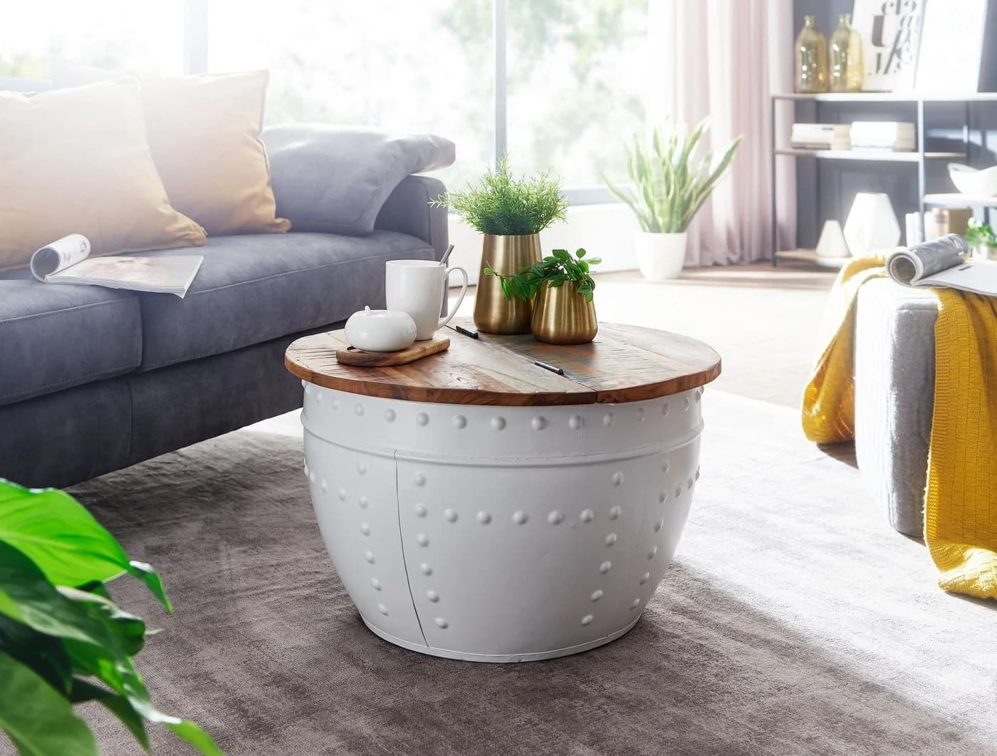 FINEBUY Couchtisch Mango Massivholz Metall Weiß Rund