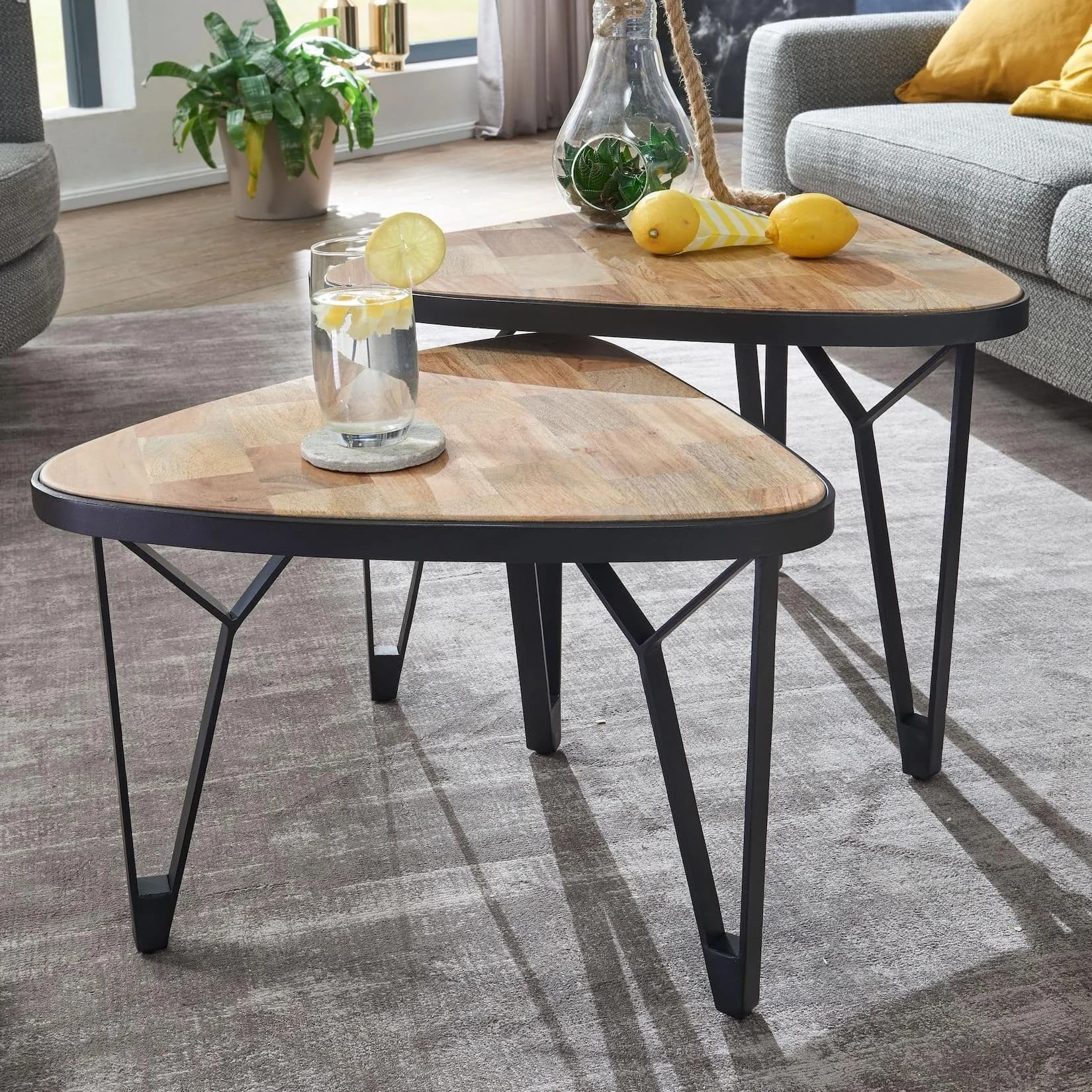 FineBuy Couchtisch 2er Set Massivholz Metall Industrial Style