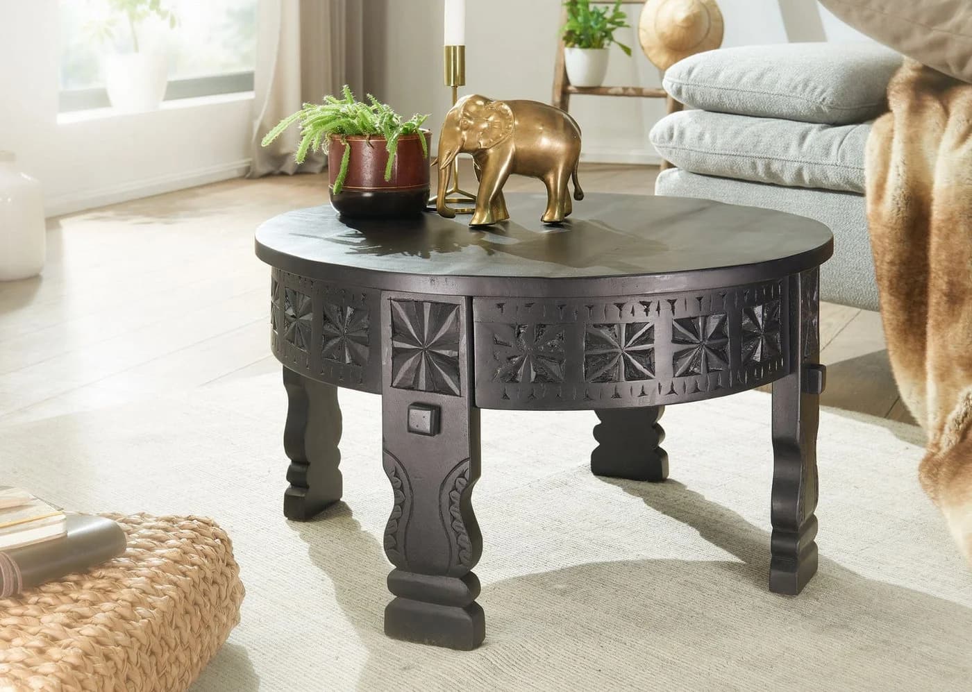 FINEBUY Couchtisch FB26149 Massiv 60cm rund Orientalisch Schwarz Mango Holz