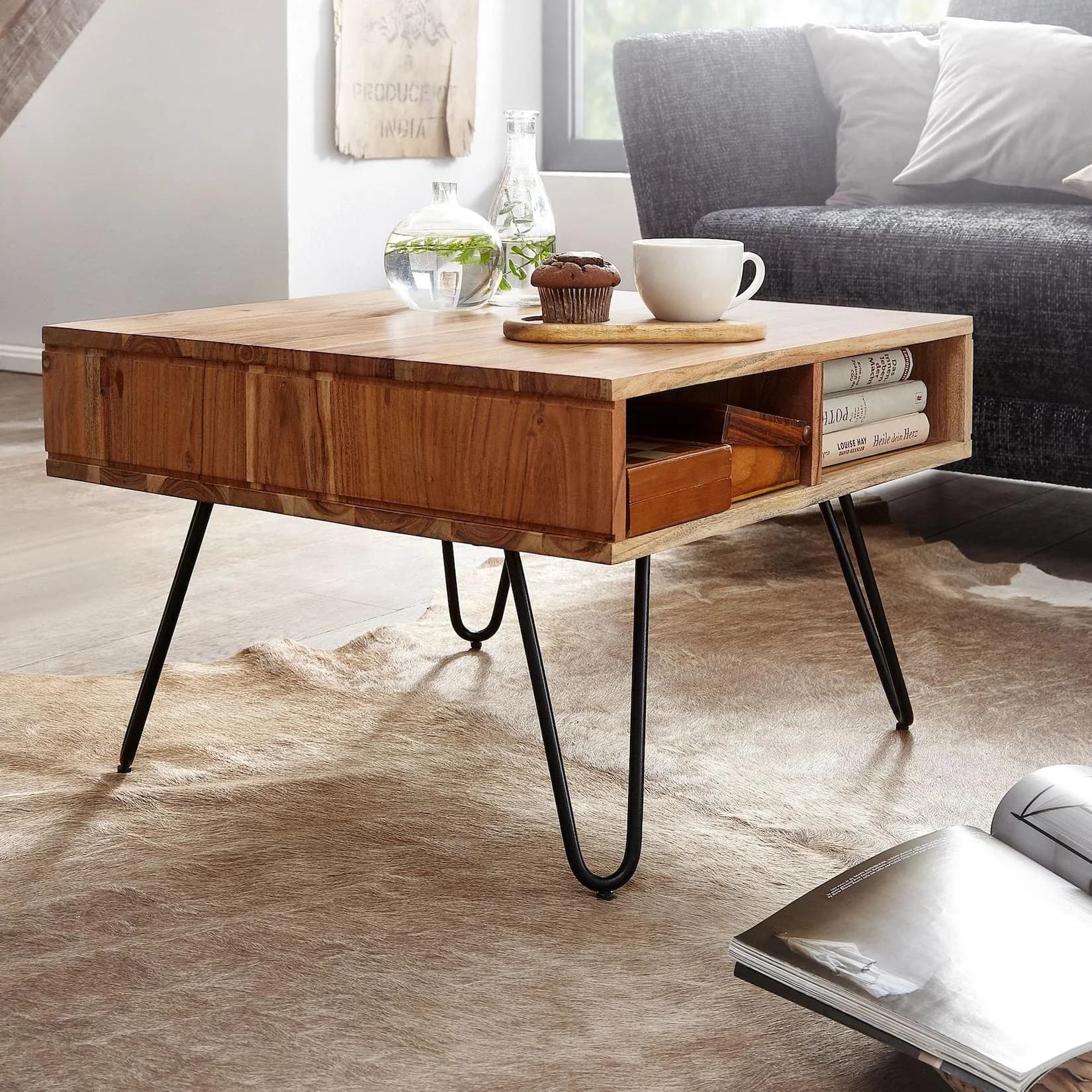 FINEBUY Couchtisch Quadratisch Akazie Massivholz mit Ablage