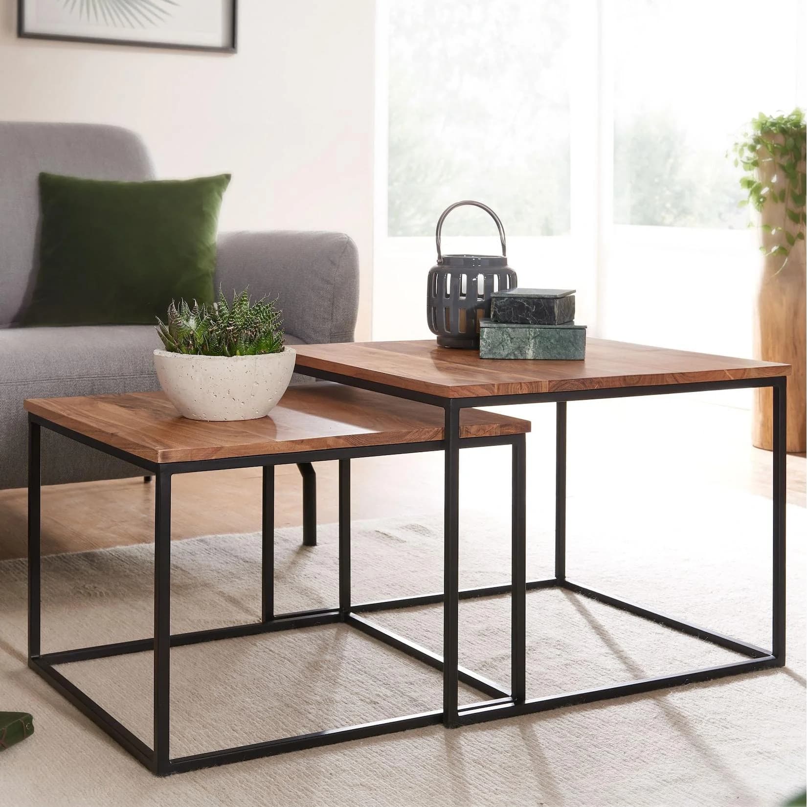FineBuy Couchtisch 2er Set Akazie Massivholz Industrial