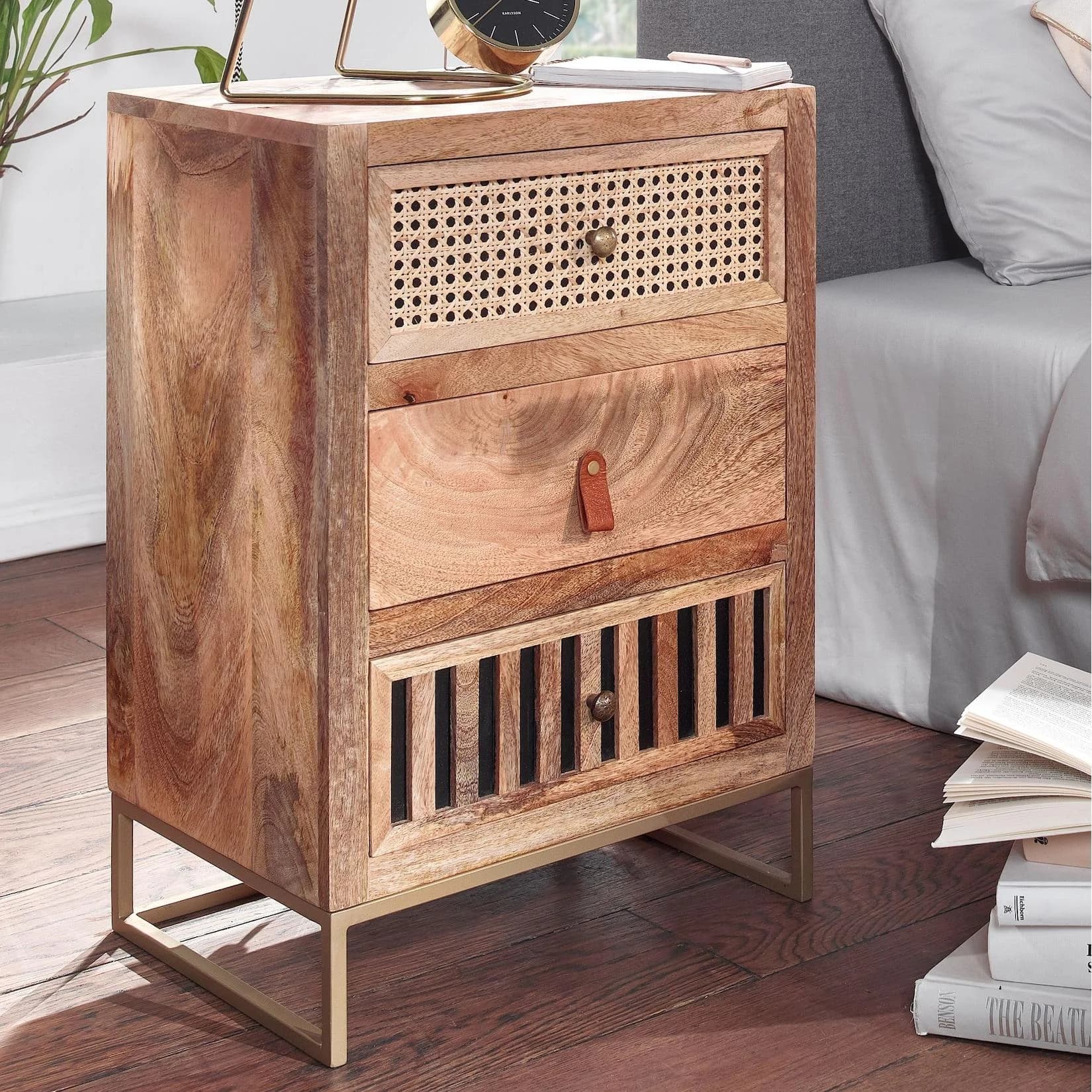 FineBuy Nachtkommode Boxspringbett Massivholz 60 cm Wiener Geflecht