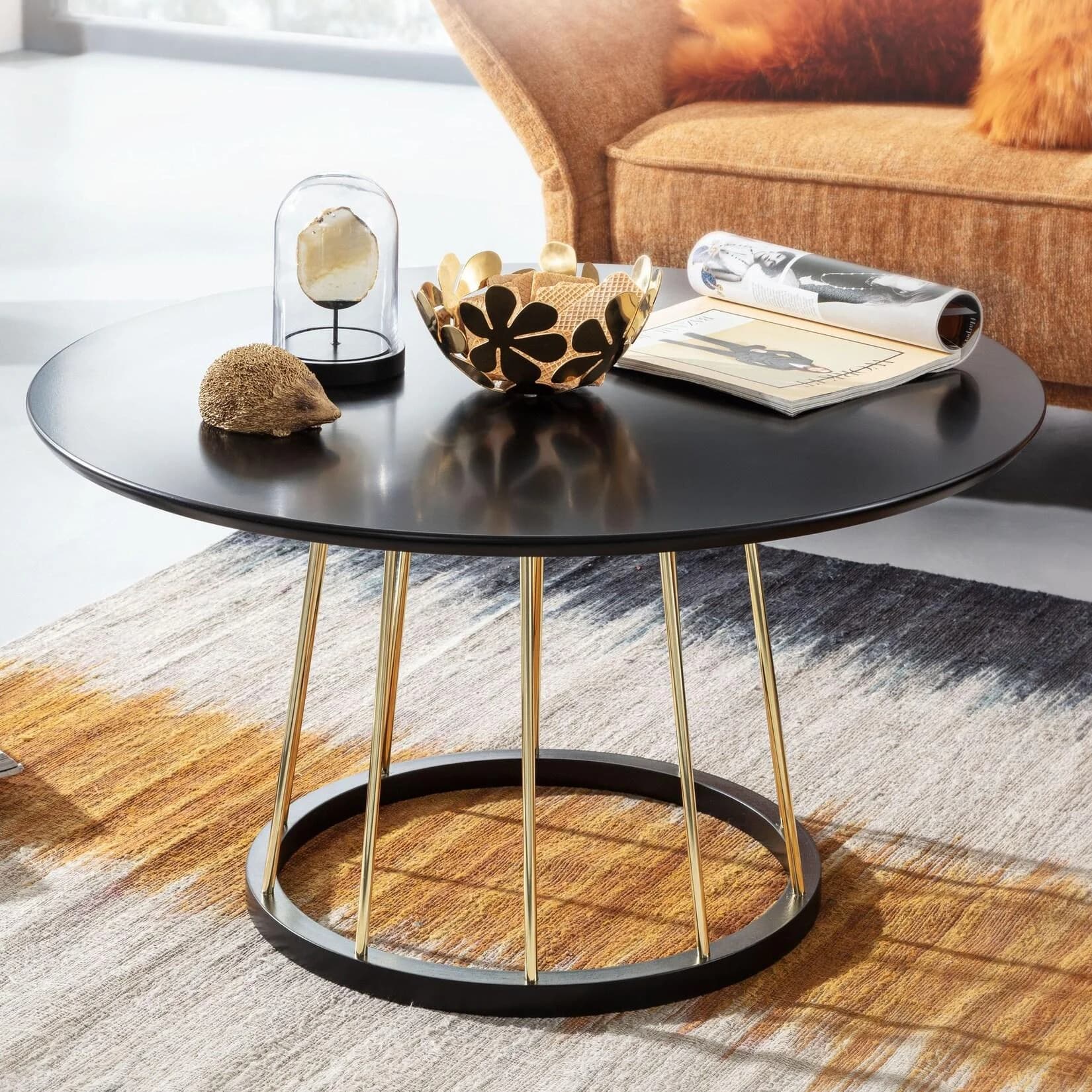 FineBuy Couchtisch Rund Schwarz Metall mit Gold-Akzenten