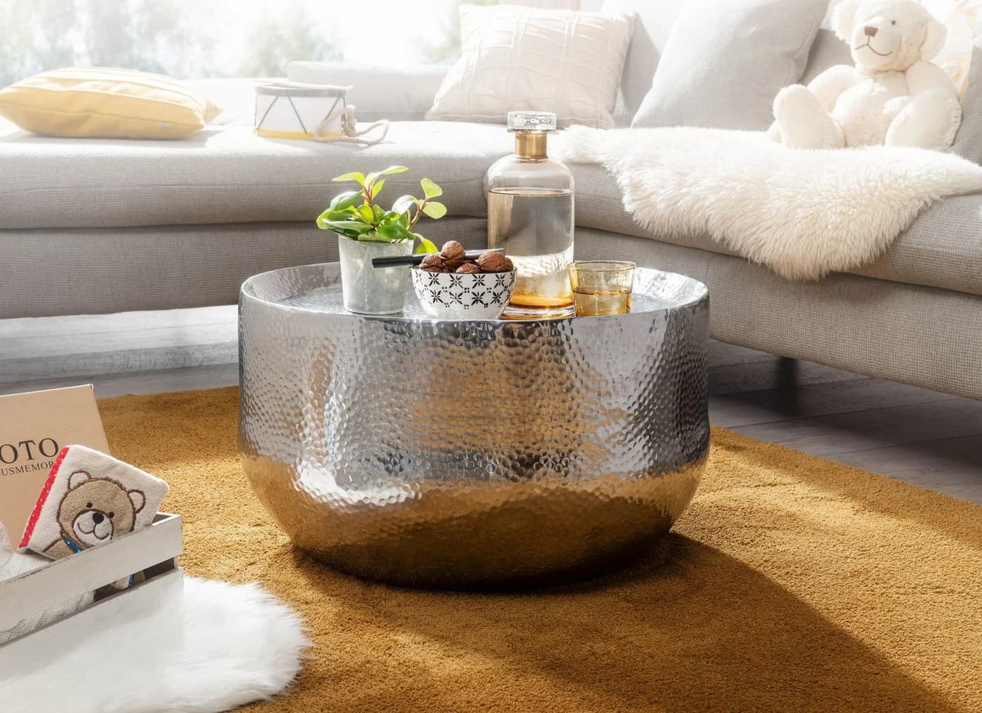 FINEBUY Couchtisch Aluminium Silber Handgefertigt