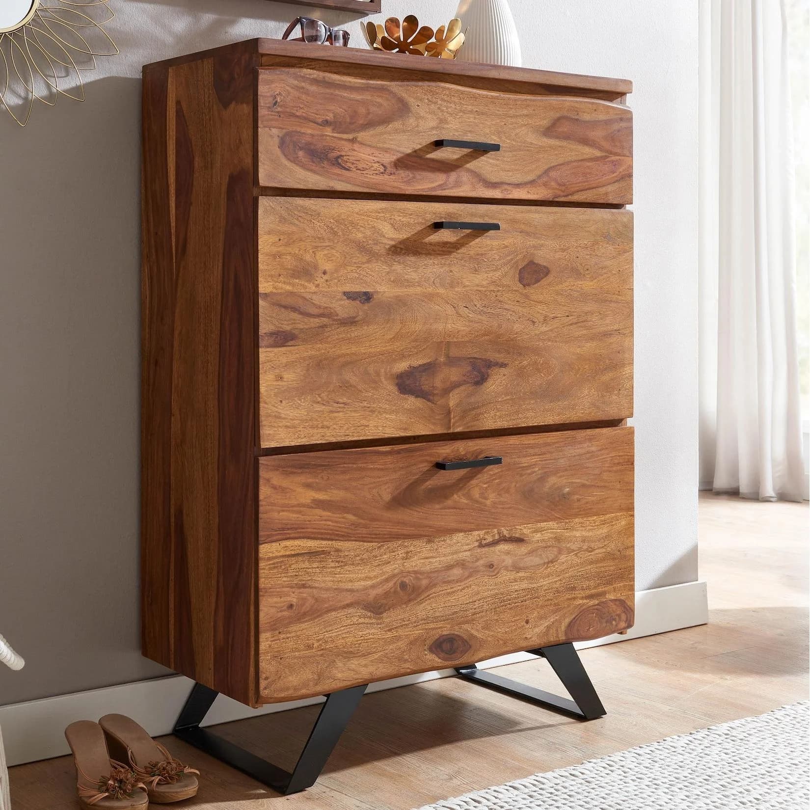 FineBuy Kommode 120 cm Massivholz mit Baumkante und 3 Schubladen