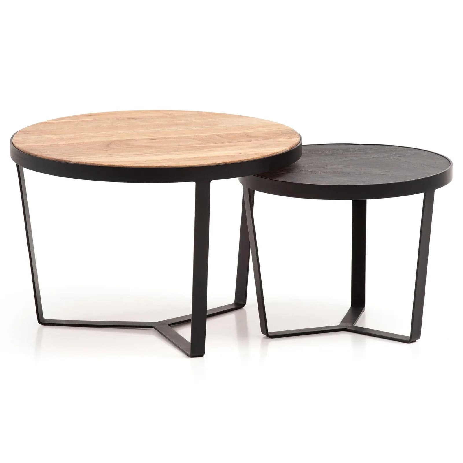 2er Set Beistelltisch Akazie Massivholz Braun Schwarz