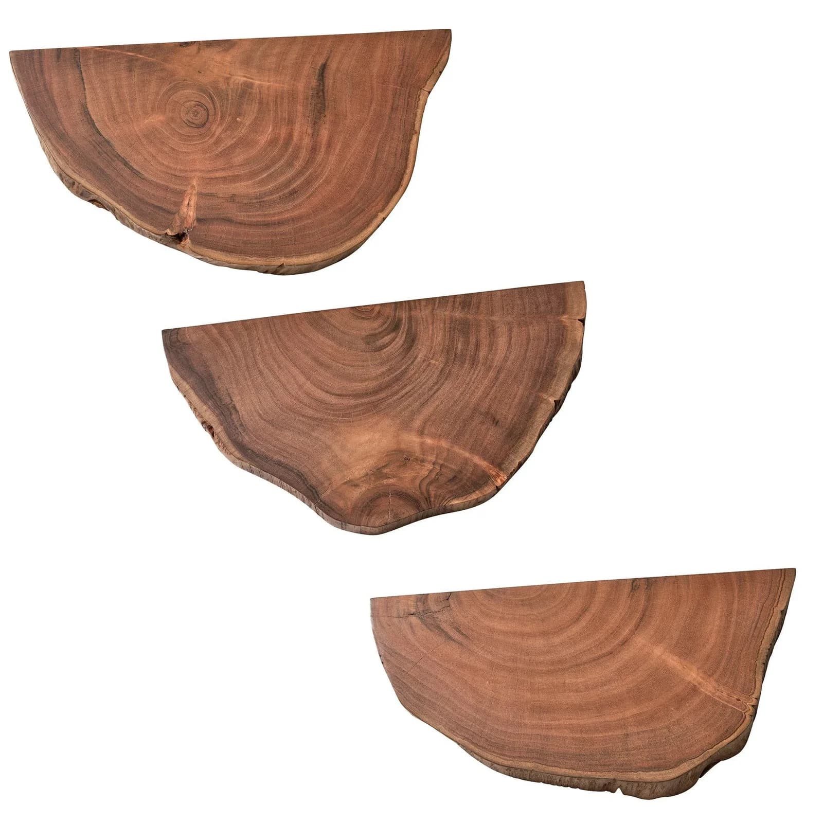 3er Set Wandregal aus Akazien-Massivholz Braun Baumscheiben
