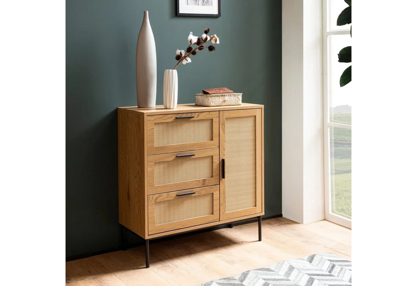 Wohnling Kommode 80 cm Eiche Rattan Modern Sideboard