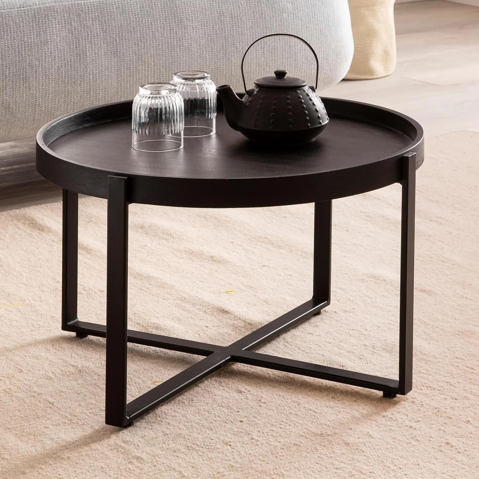 FineBuy Couchtisch Rund Schwarz Industrial Design Massivholz