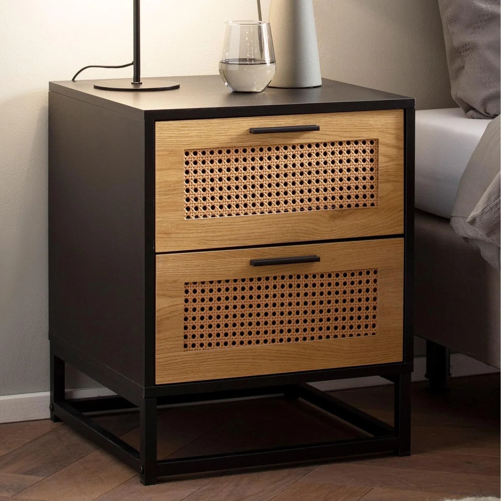FineBuy Nachtkonsole Schwarz Wiener Geflecht 45 cm